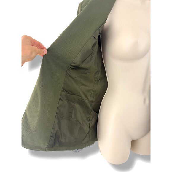 Olive Green Blazer Pom-Pom Fringe Cuffs Pockets Size M All-Season Office Jacket - Picture 5 of 10